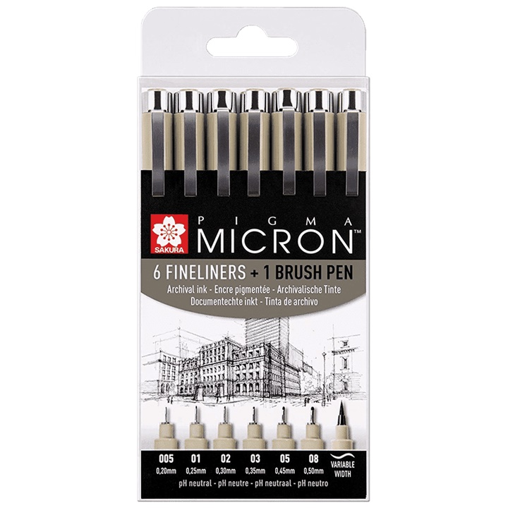 SAKURA Pigma Micron műszaki tollak   brush pen készlet/ 7-részes